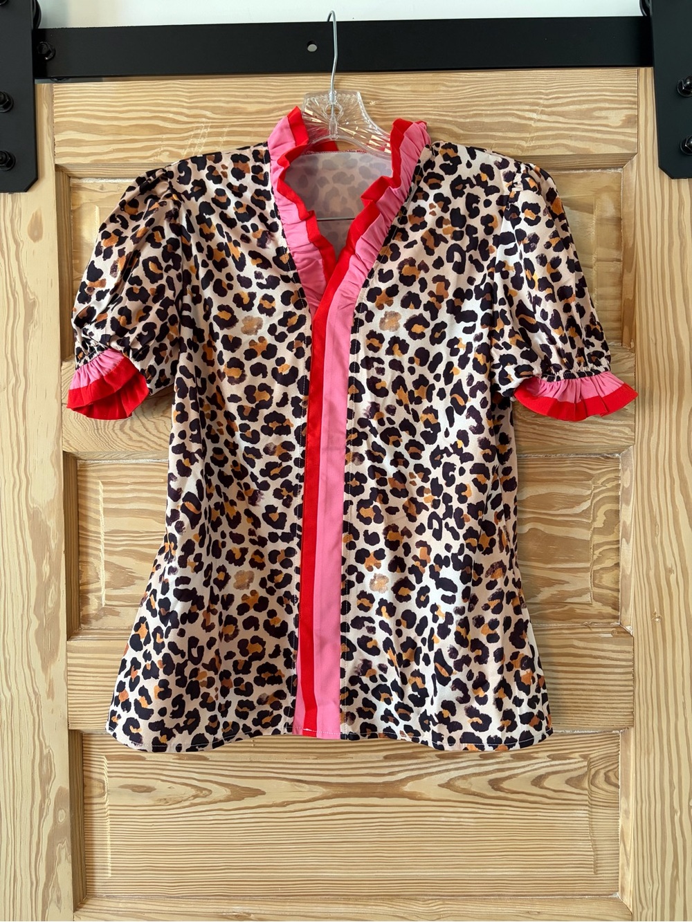 Leopard Print Blouse with Pink Ruffle Trim